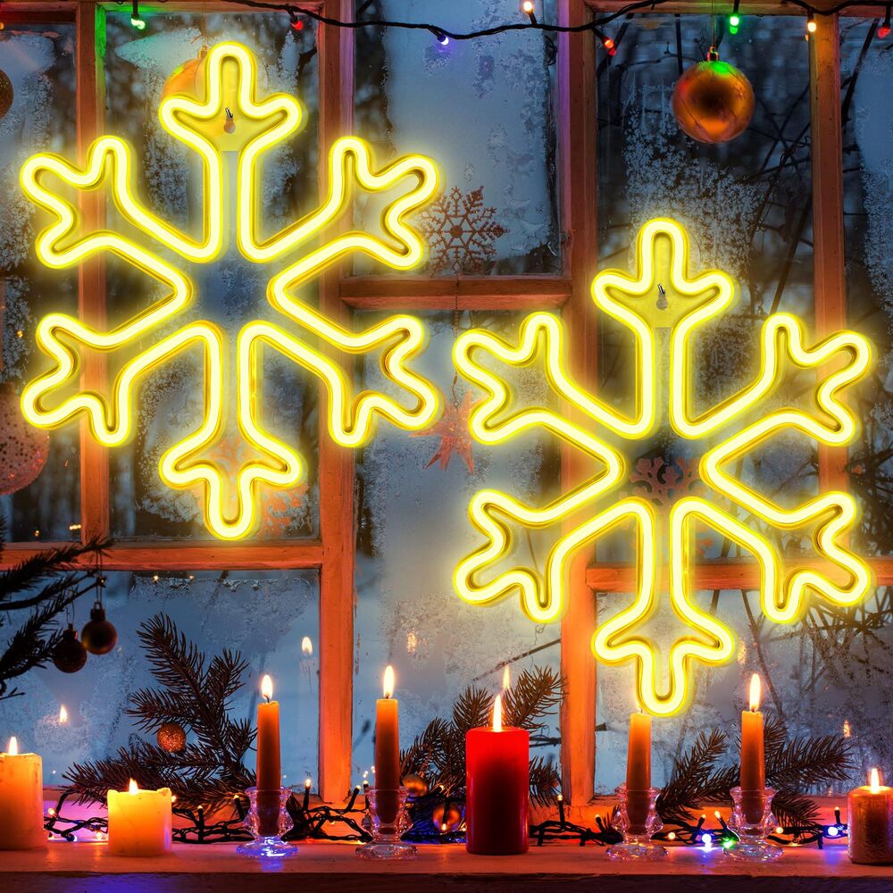 Set of 2, Neon Snowflake Lights, 12 Inch Snowflake Lights, Battery & USB Powered